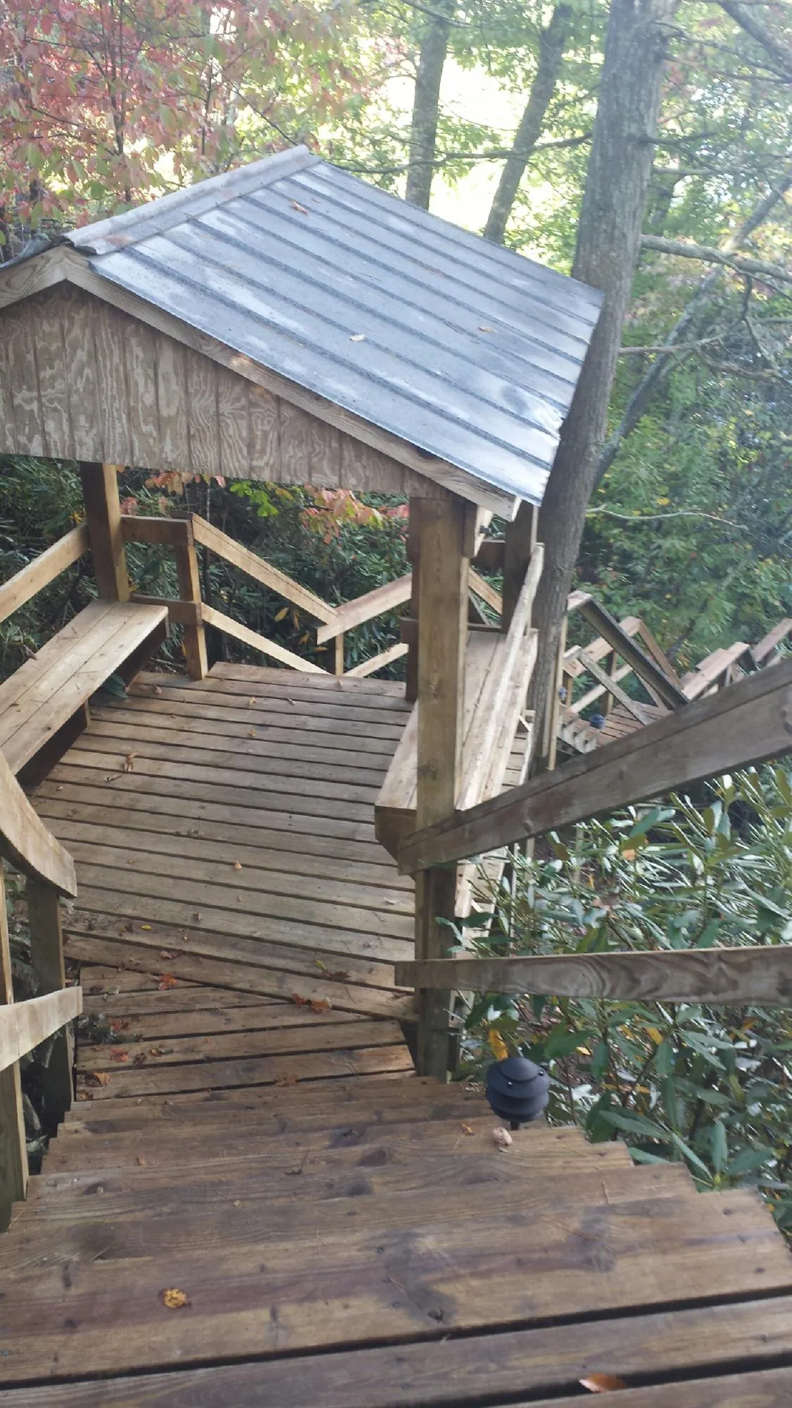Metal roofed shelter over wooden steps on a wooded walkway — Skylight Repair & Installation work by our crew in Portal
